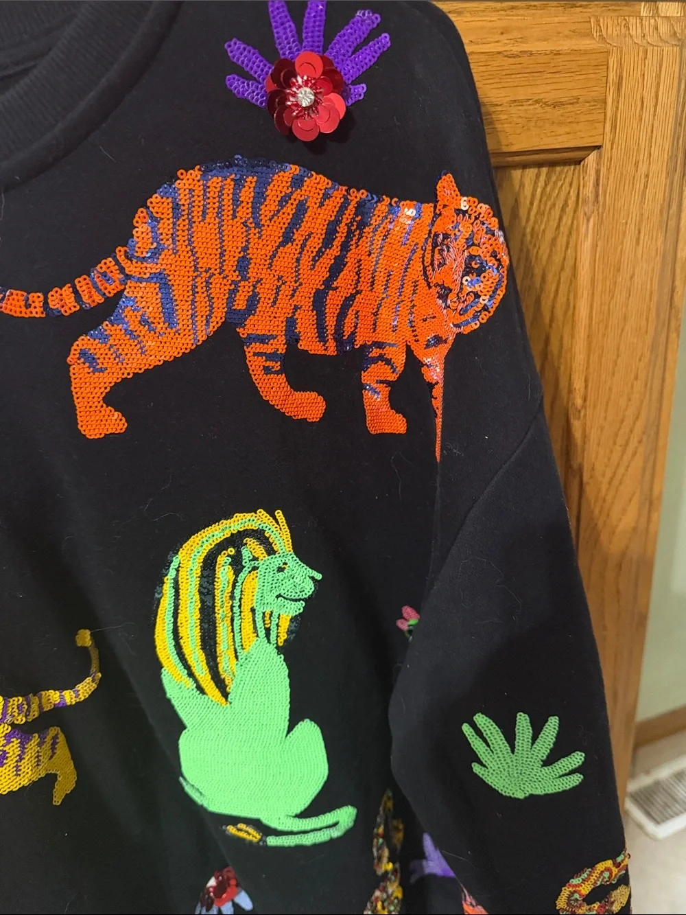 QUEEN OF SPARKLES Black Sweater with Neon Animal Appliqués - Picture 10 of 12